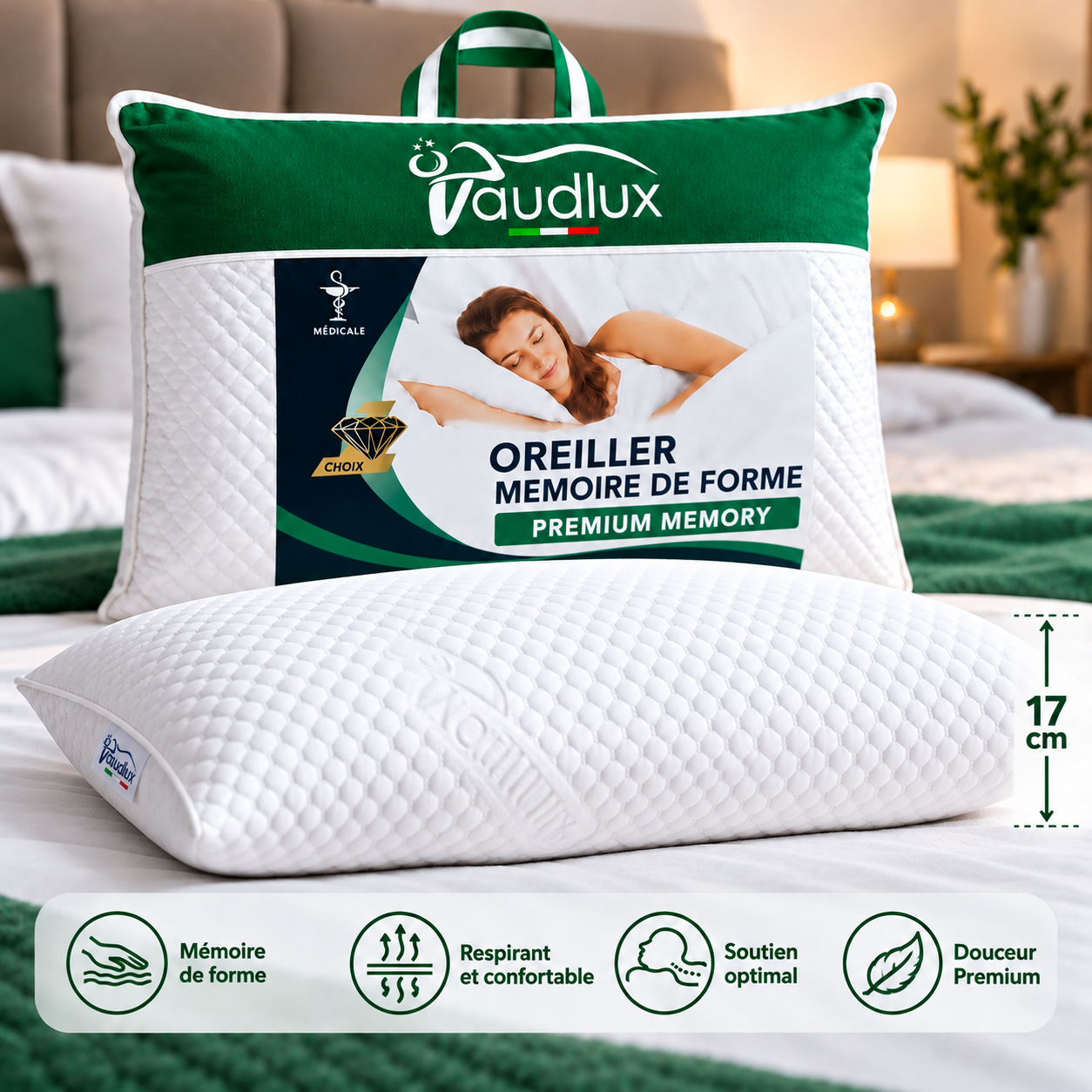 Vaudlux Premium Memory Pillow Ad(1) Oreiller Memoire de Forme – Premuim Memory – 17 Cm